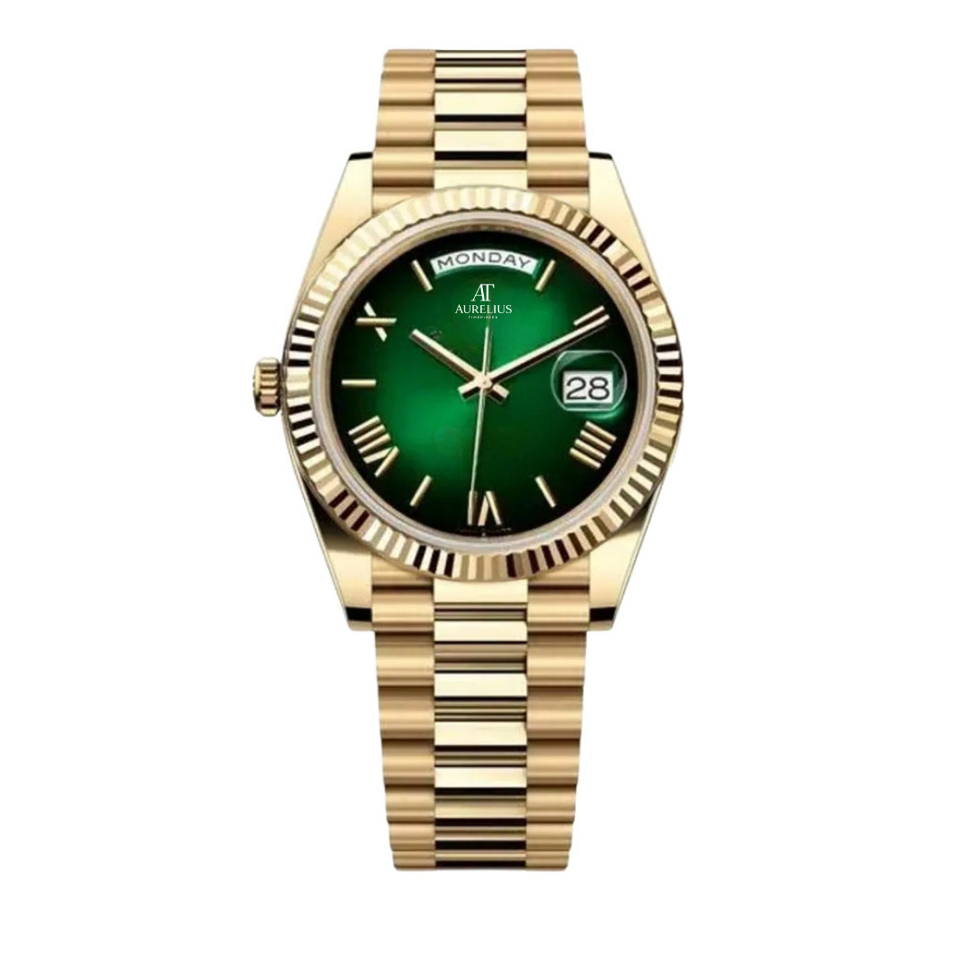 President 40 – Green Ombre Dial | Gold Tone Bracelet