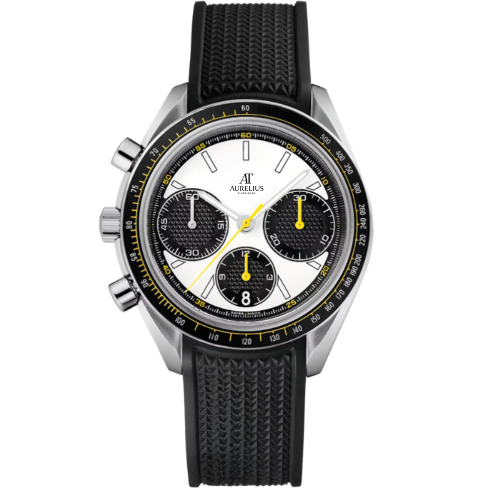 Racing Chronograph 42 – White Dial with Black Subdials | Steel Case & Black Rubber Strap & Black Yellow Tachymeter Bezel